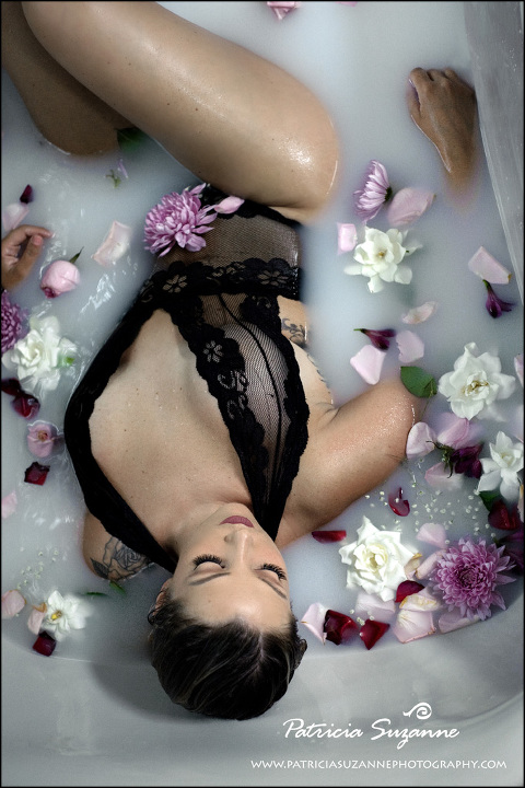 Milk Bath Boudoir with black lace and gardenias
